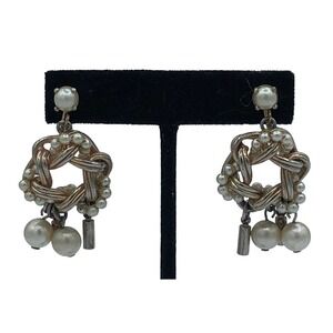Barclay Pearl Silver tone Dangle Drop Clip On Earrings Mid century Classic